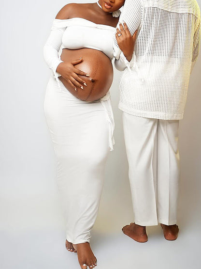 Vestido Lagro De Premama Con Hombros Descubiertos Y Volantes Para Sesión De Fotos