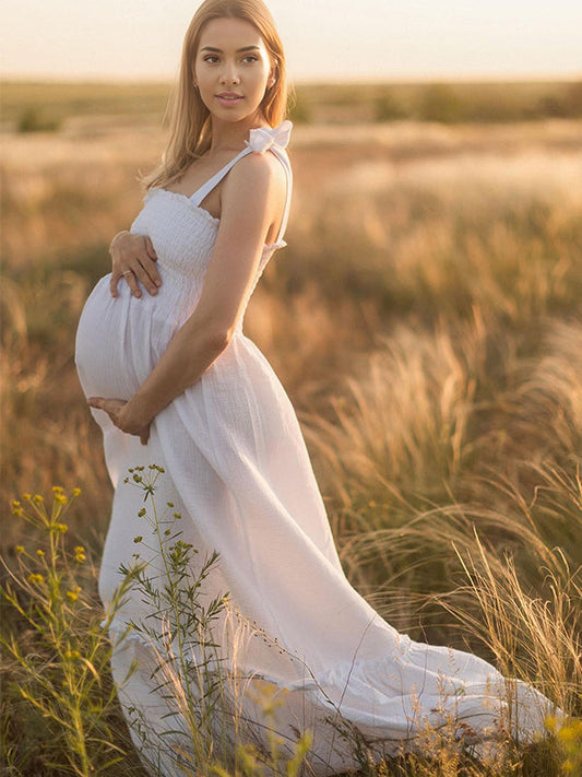 Vestido Maxi Maternidad Boho Con Tirantes Y Volantes Falbala Para Foto