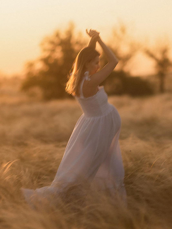 Vestido Maxi Maternidad Boho Con Tirantes Y Volantes Falbala Para Foto