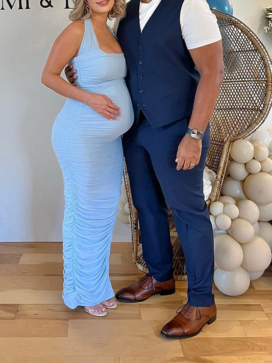 Vestido Largo De Maternidad Con Escote Halter De Tul Y Volantes Para Baby Shower