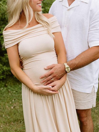 Albaricoque Sin Hombros Acanalado Espalda Descubierta Elegante Para Baby Shower Fotografía Maternidad Vestido Largo