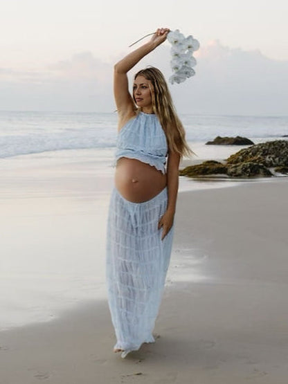 Vestido Maxi De Maternidad Con Cuello Halter Y Volantes Para Vacaciones Y Playa