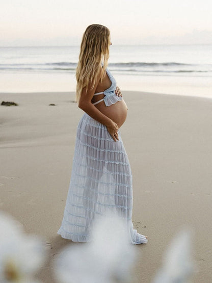 Vestido Maxi De Maternidad Con Cuello Halter Y Volantes Para Vacaciones Y Playa