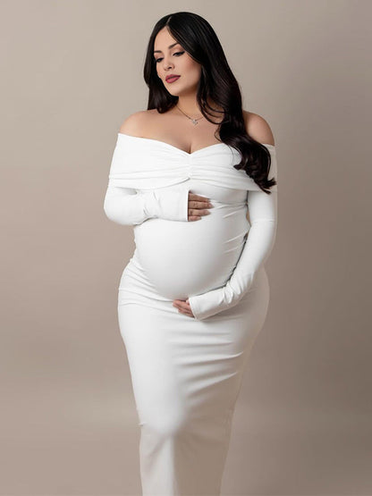 Blanco Acanalado Sin Hombros Sin Espalda Nudo De Lazo Entallado Vestido De Fiesta Elegante Vestido Largo De Foto De Maternidad