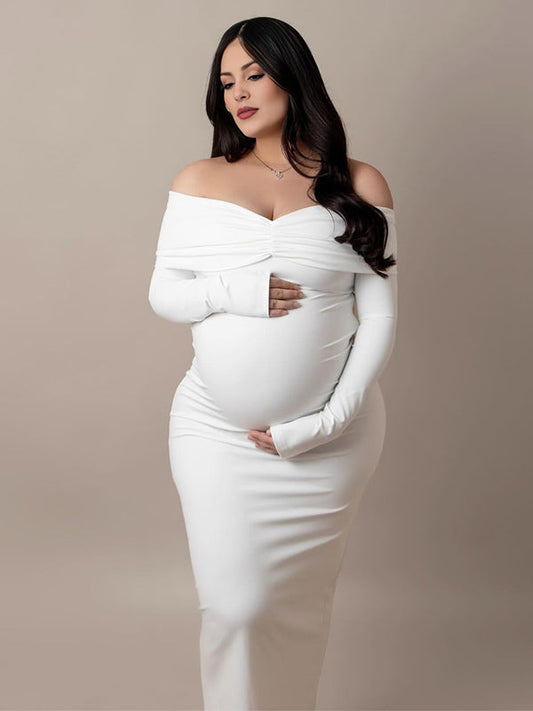 Blanco Acanalado Sin Hombros Sin Espalda Nudo De Lazo Entallado Vestido De Fiesta Elegante Vestido Largo De Foto De Maternidad