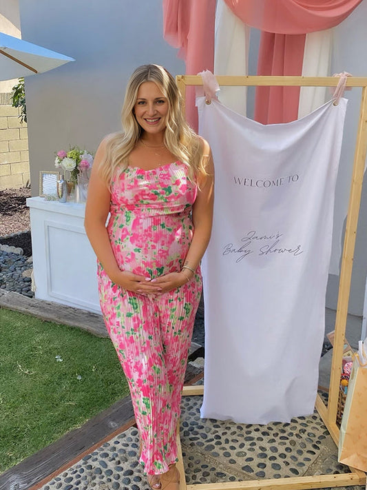 Rosa Floral Plisado Ajustados Cami Para Baby Shower Maternidad Vestido Largo
