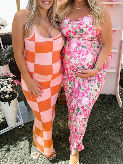 Rosa Floral Plisado Ajustados Cami Para Baby Shower Maternidad Vestido Largo
