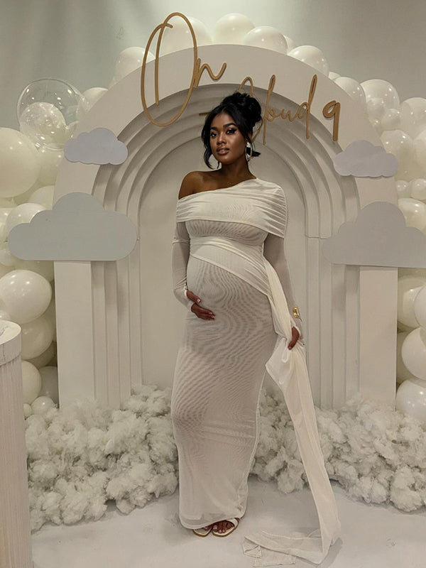 Blanco Malla Irregular Acanalado Plisado Hombros Descubiertos Ajustado Elegante Vestido De Fiesta Vestidos Para Baby Shower
