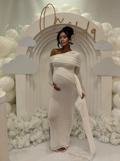 Blanco Malla Irregular Acanalado Plisado Hombros Descubiertos Ajustado Elegante Vestido De Fiesta Vestidos Para Baby Shower