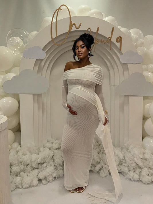 Blanco Malla Irregular Acanalado Plisado Hombros Descubiertos Ajustado Elegante Vestido De Fiesta Vestidos Para Baby Shower