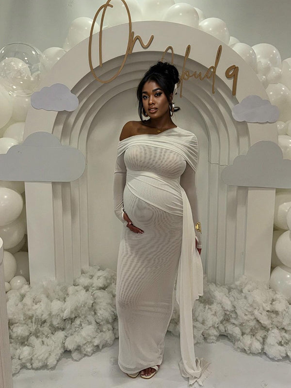 Blanco Malla Irregular Acanalado Plisado Hombros Descubiertos Ajustado Elegante Vestido De Fiesta Vestidos Para Baby Shower