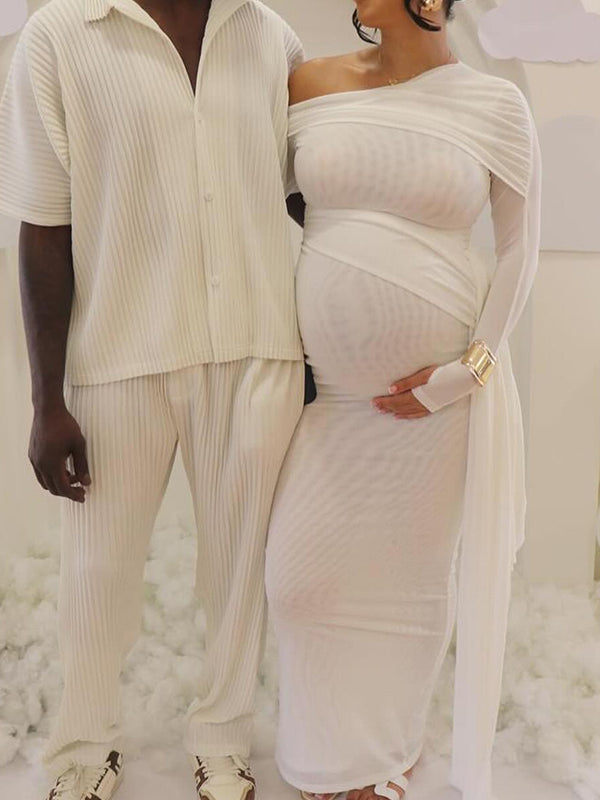Blanco Malla Irregular Acanalado Plisado Hombros Descubiertos Ajustado Elegante Vestido De Fiesta Vestidos Para Baby Shower