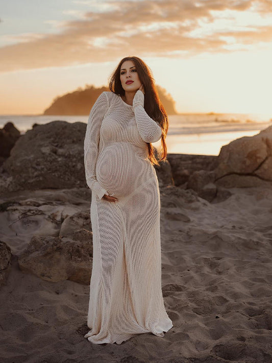 Vestido Maxi Maternidad Con Lazo Espalda Y Manga Acampanada Para Fotos