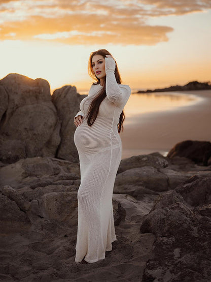 Vestido Maxi Maternidad Con Lazo Espalda Y Manga Acampanada Para Fotos