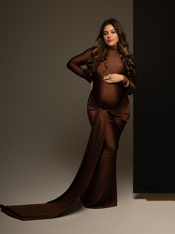 Color Sólido Cinturón Empalme Acanalado Drapeado Sirena Vestidos De Foto De Maternidad