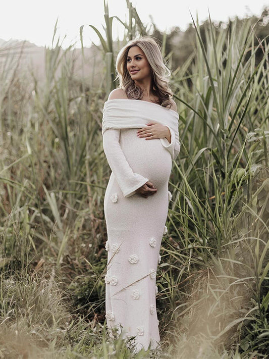 Blanco Sin Hombros Flores 3D Punto Ajustado Sirena Cóctel Vestidos De Fiesta Fotografía Maternidad Vestido Largo