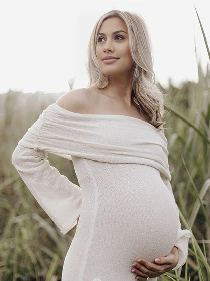 Blanco Sin Hombros Flores 3D Punto Ajustado Sirena Cóctel Vestidos De Fiesta Fotografía Maternidad Vestido Largo