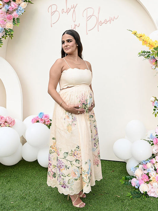 Tirantes Borde Ondulado Sin Espalda Recorte Imprimir Salir Batas Bonito Maxivestido De Maternidad Para Baby Shower