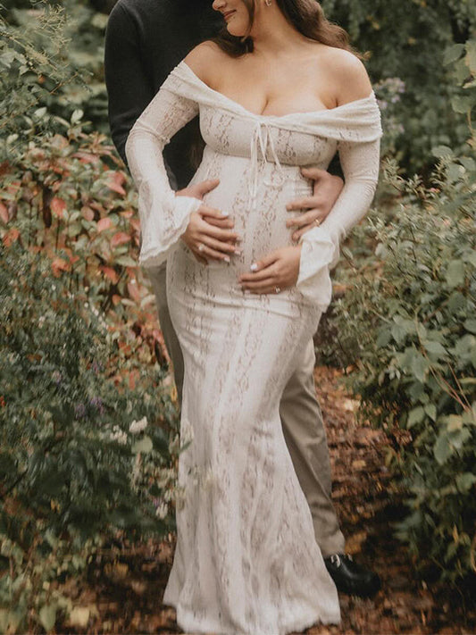 Blanco Sin Hombros Encaje Corbata Sirena Elegante Vestidos Largo De Foto De Maternidad
