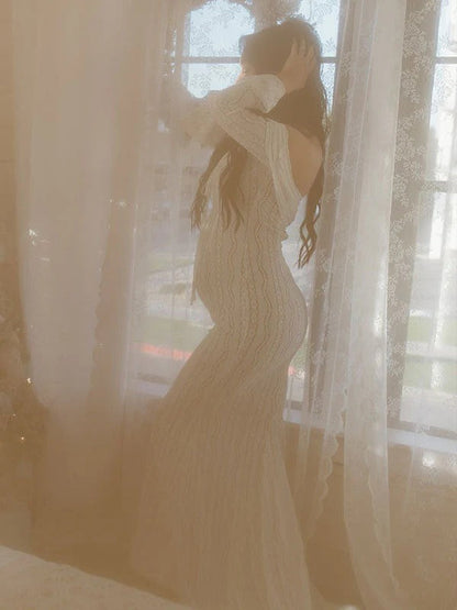 Vestido Largo De Maternidad Tipo Sirena Con Encaje Sin Hombros Para Sesión De Fotos