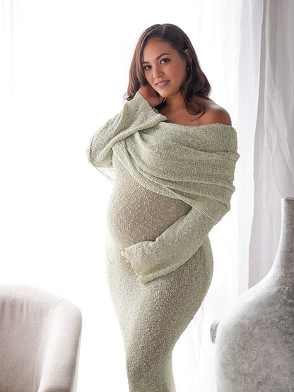 Verde Punto Sin Hombros Manga Acampanada Bodycon Elegante Salir Maternidad Sesión De Fotos Maxi Vestido