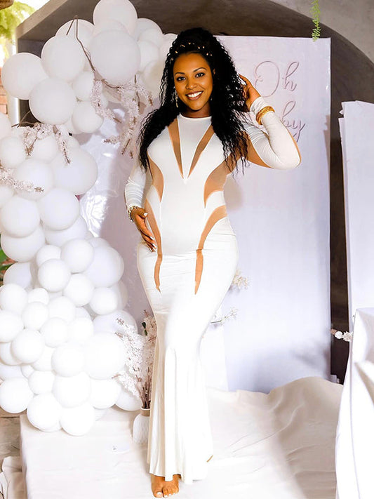 Vestido Maxi de Maternidad Elegante con Corte de Malla para Baby Shower