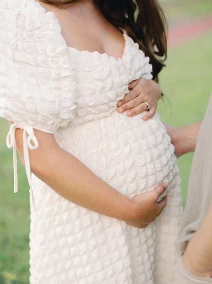 Vestido Maxi Maternidad Elegante con Fruncido y Manga Abullonada para Fiesta Fotos