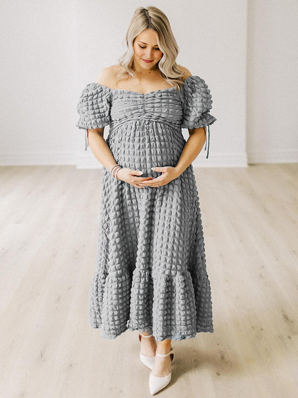 Vestido Maxi Maternidad Elegante con Fruncido y Manga Abullonada para Fiesta Fotos