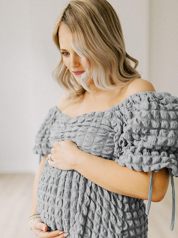 Vestido Maxi Maternidad Elegante con Fruncido y Manga Abullonada para Fiesta Fotos