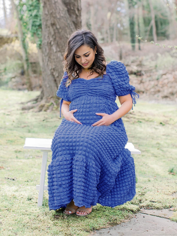 Vestido Maxi Maternidad Elegante con Fruncido y Manga Abullonada para Fiesta Fotos