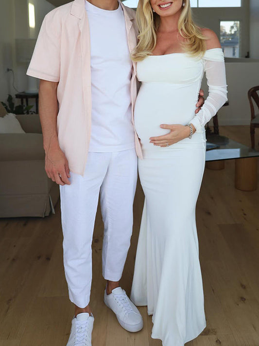 Blanco Sin Hombros Cuello Halter Bodycon Elegante Cóctel Maternidad Baby Shower Maxi Vestido