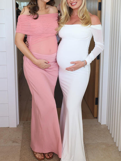 Blanco Sin Hombros Cuello Halter Bodycon Elegante Cóctel Maternidad Baby Shower Maxi Vestido