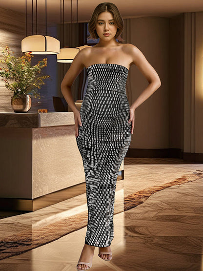 Vestido Maxi Maternidad con Bandeau y Abertura Lateral para Fiesta y Baby Shower