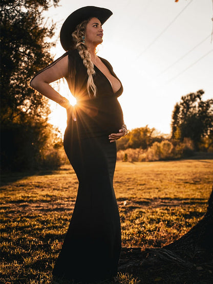 Vestido Maxi Maternidad con Borlas Flecos Cruzado Pecho Cóctel Fiesta Fotos