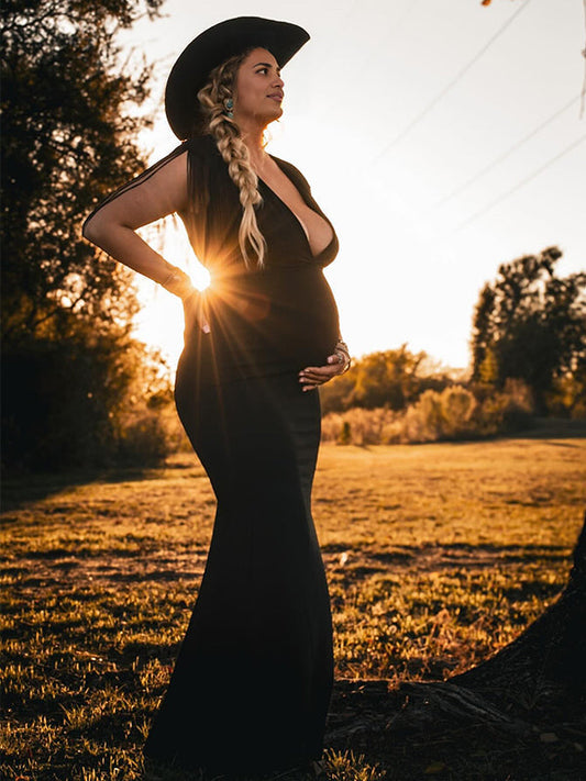 Vestido Maxi Maternidad con Borlas Flecos Cruzado Pecho Cóctel Fiesta Fotos