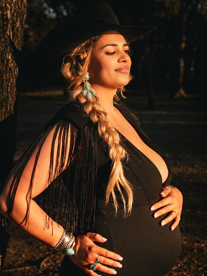Vestido Maxi Maternidad con Borlas Flecos Cruzado Pecho Cóctel Fiesta Fotos