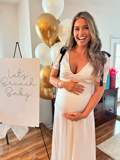 Vestido Maxi de Maternidad Elegante con Lazo en el Hombro para Baby Showers