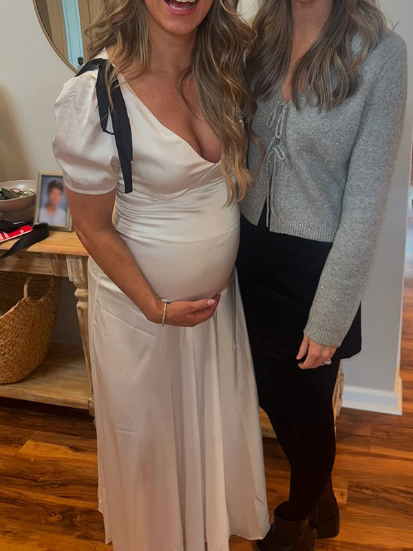 Vestido Maxi de Maternidad Elegante con Lazo en el Hombro para Baby Showers