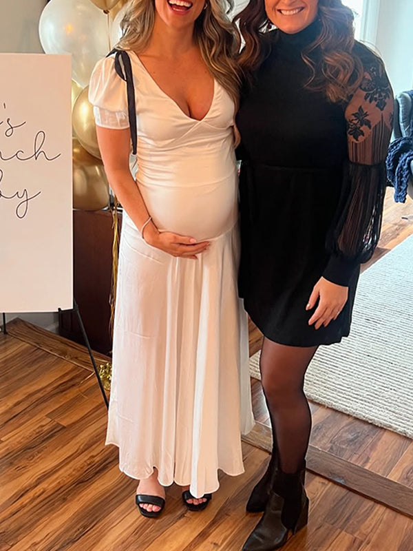 Vestido Maxi de Maternidad Elegante con Lazo en el Hombro para Baby Showers