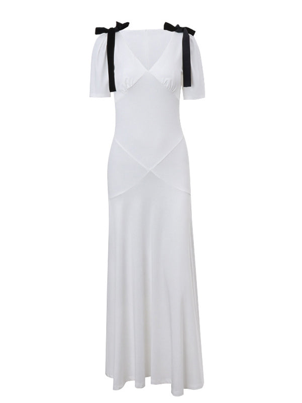 Vestido Maxi de Maternidad Elegante con Lazo en el Hombro para Baby Showers