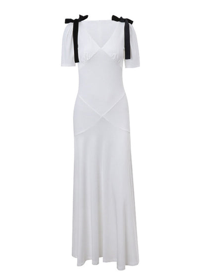 Vestido Maxi de Maternidad Elegante con Lazo en el Hombro para Baby Showers