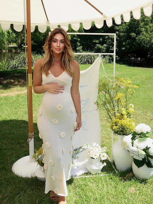 Escote Halter Espalda Descubierta Flores 3D Ganchillo Sirena Ajustado Elegante Para Baby Shower Maternidad Vestido Largo