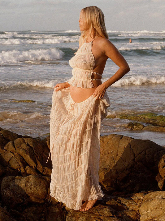 Beige 2 Piezas Smocked Volante Sin Espalda Fluido Elegante Vacaciones Playa Sesión De Fotos Maxivestido Premamá