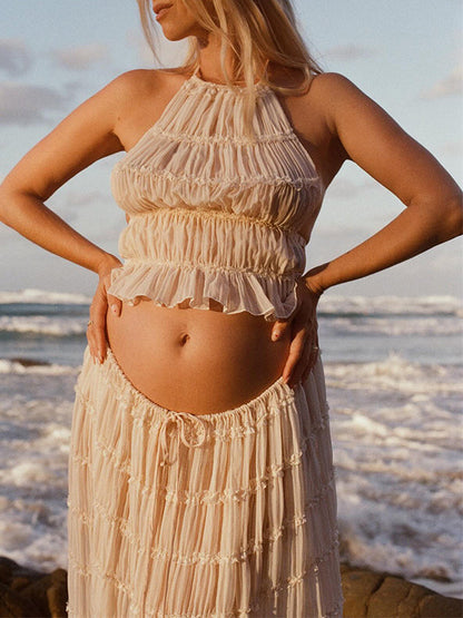 Beige 2 Piezas Smocked Volante Sin Espalda Fluido Elegante Vacaciones Playa Sesión De Fotos Maxivestido Premamá