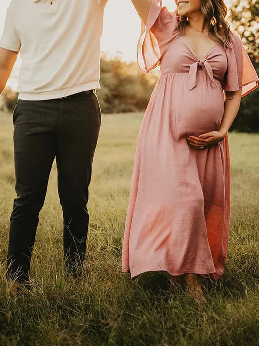 Lazo Manga Acampanad Cuello En V Fluido Vestidos De Foto De Maternidad