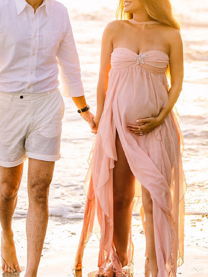 Vestido Largo Revelación De Sexo Para Fotografía Maternidad con Volantes