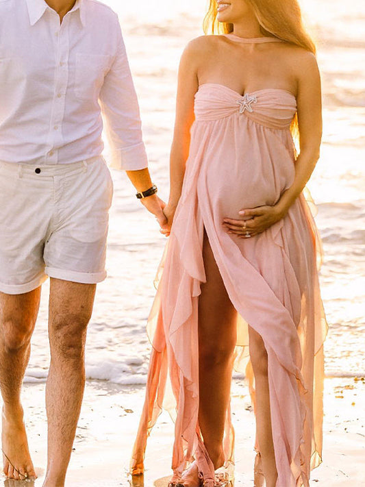Vestido Largo Revelación De Sexo Para Fotografía Maternidad con Volantes