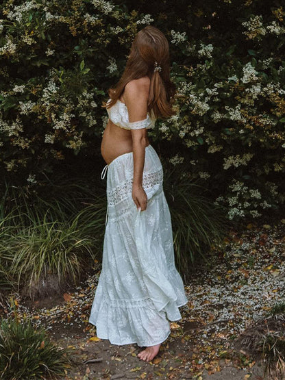 Blanco Conjunto De Dos Piezas Encaje Calado Hombros Descubiertos Lazada Elegante Vestido Largo De Foto De Maternidad