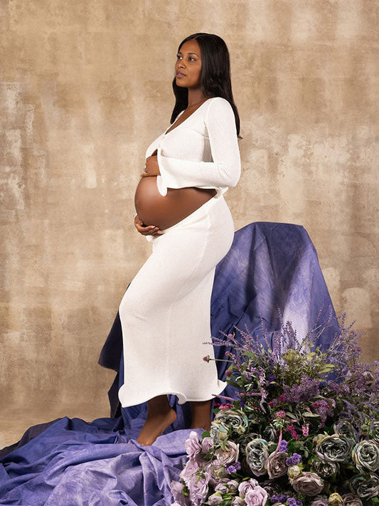Vestido Maxi de Maternidad Elegante con Corte de Rana para Sesiones de Fotos