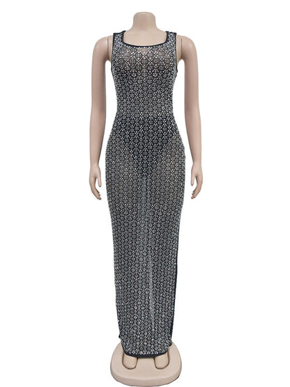 Vestido Maxi Maternidad con Abertura Lateral y Malla Transparente para Baby Shower